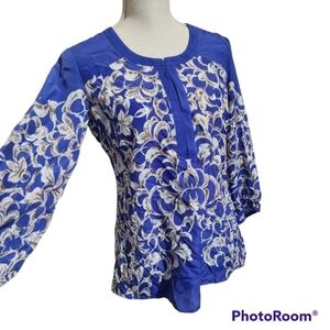 Nic+Zoe Blouse Blue White XS 3/4 Sleeves Lightweight Polyester Business  Casual